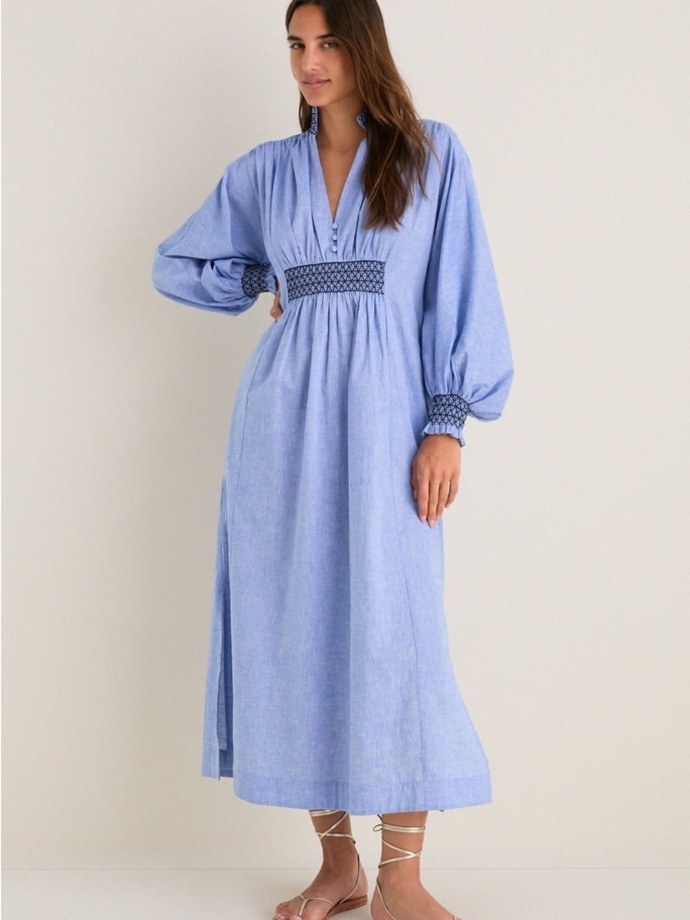 Tuckernuck Aubrey Chambray Linen Blend Smocked Maxi Dress Small NWOT